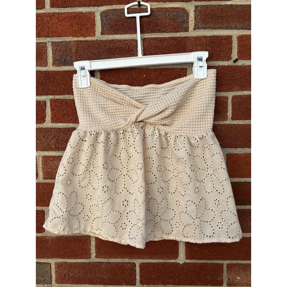 Strapless Eyelet Tube Top XS Beige Floral Embroidered Boho Blouse - Picture 2 of 8